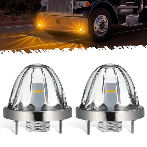 Partsam 2Pcs Glass Watermelon Lights [Patented] Clear Lens Amber LED Side Marker Turn Signal Lights with Bezel Replacement for Kenworth Peterbilt Freightliner Trucks