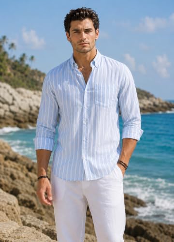 Image of Majestic Man Classic Slim Fit Vertical Striped Casual Cotton Shirt