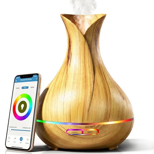 Sierra Modern Home Smart WiFi Humidifier - Aromatherapy Essential Oil Diffusers with App Control & Voice Control - Works with Alexa & Google Home - 400ml Ultrasonic Diffuser & Humidifier - Light Brown