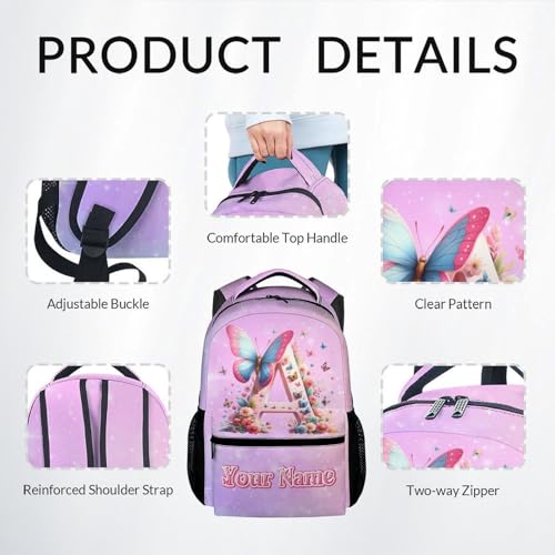 Backpack with Lunch Box for Girls, Personalized Butterfly Backpacks for Women Teens, 17 Inch Cute Kids Bookbag with Pencil Case, Custom Initial Name Bookbags for School3