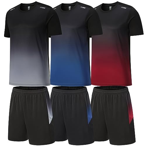 BOOMCOOL Sportbekleidung für Herren, Workout-Shirts, Outfits, 3er-Pack, für Laufen, Fußball, athletische Übungen, geeignet für Outdoor-Sportarten, Schwarz, Blau, Rot, XL