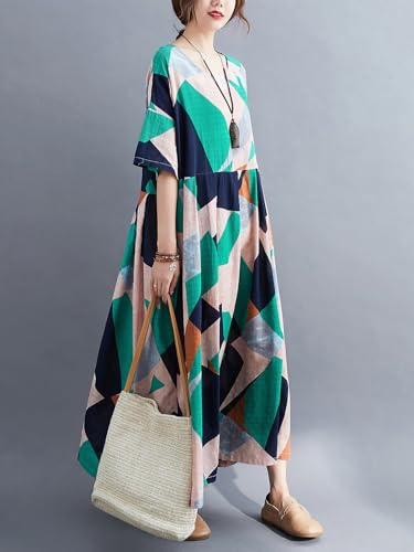 Image of Women Plus Size Color Block Dress Geometric Block Print Round Neck Side Pockets Casual Loose Dresses
