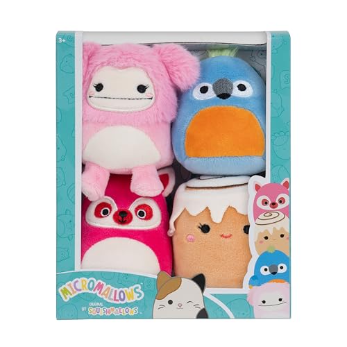 Squishmallows Micromallows Original Micromallows 4-Pack – Brina Bigfoot, Chanel Cinnamon Roll, Lucia Lemur, Tenise Parrot