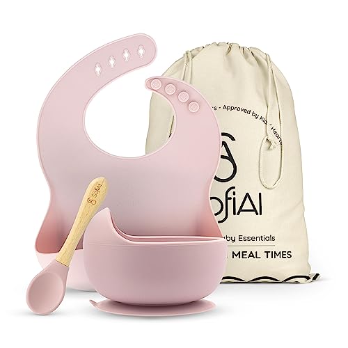 All In One Silicone Baby Feeding Set By SofiAl - Safe for 6-12 Months - Non-Toxic Baby Led Weaning Supplies, Suction Plate Or Bowl, Bib, Spoon & Gift Bag - BPA-Free - Mess Free Baby Feeding Essentials