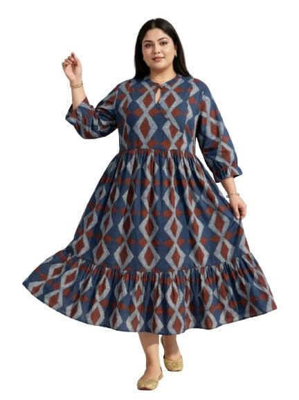 swasti Women's Plus Size Cotton Midi Dress, Navy Blue, Geometric Print,-picture-29