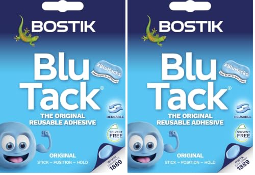 Image of Bostik Blu Tack, Multipurpose Reusable Adhesive, Clean, Safe & Easy to Use, Non-Toxic, Handy Size, Colour: Blue (Pack of 2)