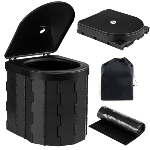 Foldable Camping Toilet Portable Potty Loo - Collapsible Toilet for Camping Picnic Fishing Travel and Van Life Outdoor Bucket with Lid and 30 Trash Bags