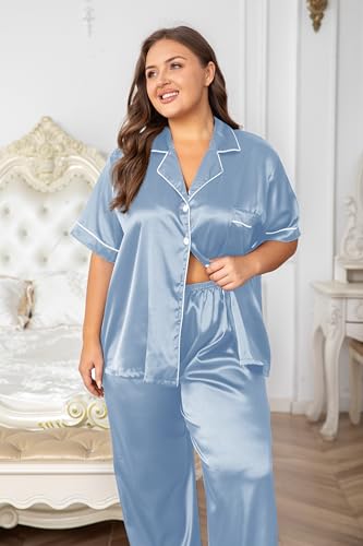 Image of Vozanet Women's Button Down Satin Pajama Sets Silky Short Sleeve Top & Pants Plus Size Loungewear Classic Sleepwear XL to 5XL