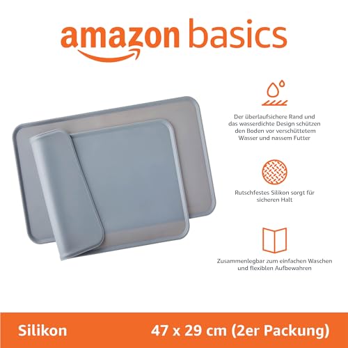 Amazon Basics Wasserabweisende Napfunterlage aus Silikon, Unterlage für Haustierfutter, 47 x 29 cm, Grau (2er-Pack), Einzelbett