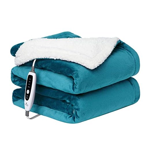 CAROMIO Electric Heated Blanket Throw, 4 Heating Levels & 4 Hours Auto Off, Thick Flannel & Sherpa Reversible Electric Blanket, Fast Heating Blanket Throw with Overheating Protection, Teal 50" x 60"