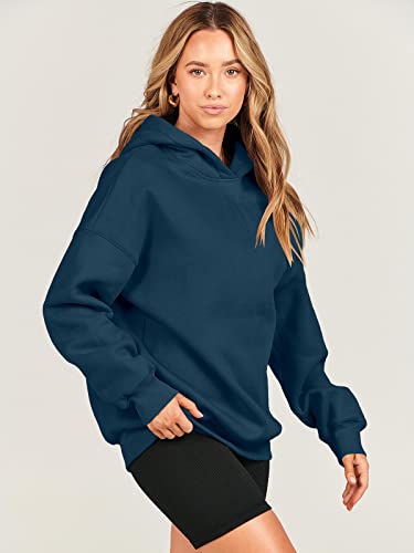 Anrabess Fleece Oversized Hoodies Sweatshirt For Women Long Sleeve Casual Comfy Pullover Fall Solid Loose Hooded Sweatshirt Y2K Clothing Navy Blue A1023Zanglan-L #TOP4