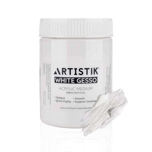 ARTISTIK White Gesso Acrylic Medium 500 ml Professional-Grade Surface Prep Paint & Liquid Primer for Wood Canvas Paper Cardboard and Various Art Projects