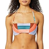 Lucky Brand Women's Standard Bandeau Hipster Bikini Swimsuit Top, Orange//Block Party, Large