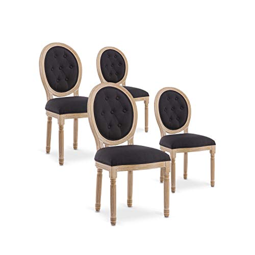 INTENSEDECO Lot de 4 chaises médaillon capitonnées Louis XVI Tissu Noir