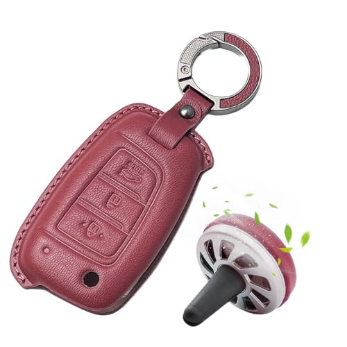 Image of Keyzone Premium Leather Key Cover & AC Vent Car Perfume Combo (4 Fragrances) | Compatible for Hyundai Venue, i20, Kona, Verna 2018 Onwards 3 Button flip Key. (Red)
