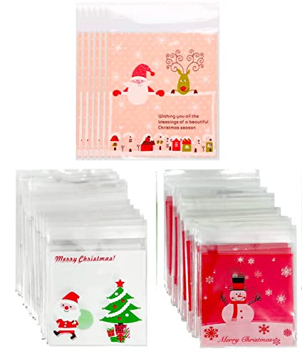 Christmas Santa Clause Snowman, Wreath Plastic Cellophane Cookie Treat Bags Self-Adhesive,75 Counts 3 Different #TOP9