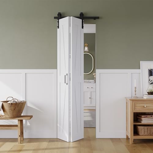 24" x 84" Bifold Sliding Barn Door, K Shaped Panel with Sliding Hardware Kit Set, Finished Closet Door Slab, 2.33FT Track for 2 Doors, MDF, White 24" x 84" White