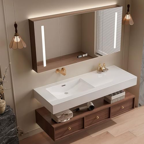 Modern Wall Mounted Floating Bathroom Vanity with Integrated Ceramic Sink, No Assembly Required, Hanging LED Intelligent Lighted Sensor and Demisting Mirror, Cabinet Spaces, 3 Soft Close Drawers