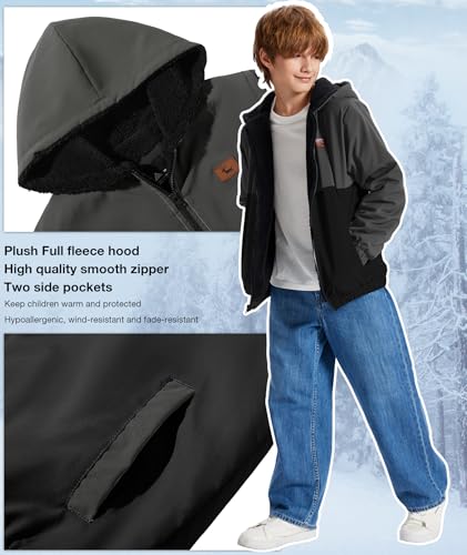 Image of ZITY Boys Fleece Jacket Sherpa Lined Hoodie Zip Up Sweatshirts Windproof Outerwear Warm Autumn Winter Coat 6-15 Years