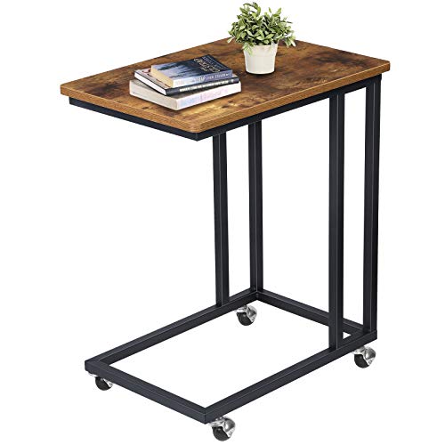 KINGSO C Table Rolling TV Tray End Tables Living Room Sofa Side Table Under Couch Table Industrial Moible Snack Table for Coffee Laptop Eating Portable Little Bedside Table, Rustic Brown