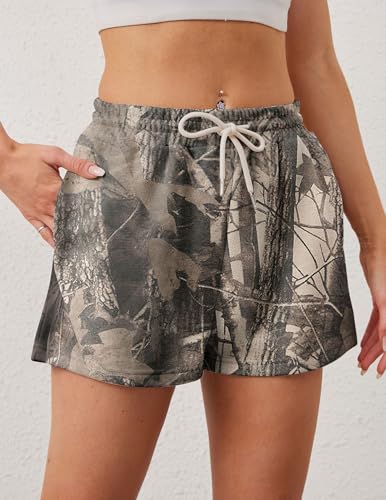 Women Camo Sweat Shorts Casual Elastic Waist Lounge Shorts Drawstring Maple Leaf Print Athletic Shorts with Pockets4
