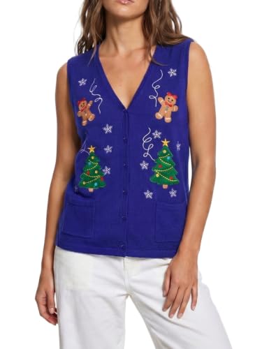Image of KMBANGI Women Christmas Button Sweater Vest Embroidery Sleeveless Cardigan