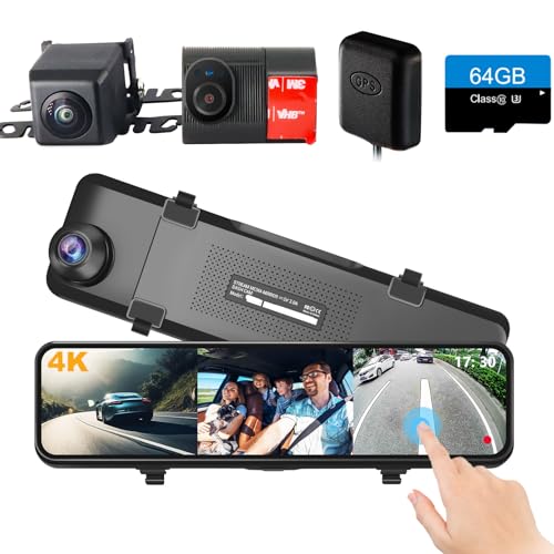 4K 3 Channel Mirror Dash Cam, 10.88" Triple Rear View Mirror Dash Camera Front Inside Rear for Car RV Truck, Night Vision, 64GB Card, WDR, G-Sensor, 24H Parking Monitor (INS102-3CH)