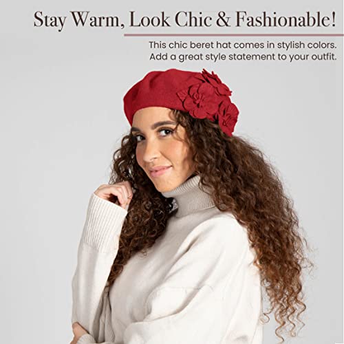 San Diego Hat Co. Women's 100% Wool Beret Hat With Flower Detail, Red, One Size #TOP6