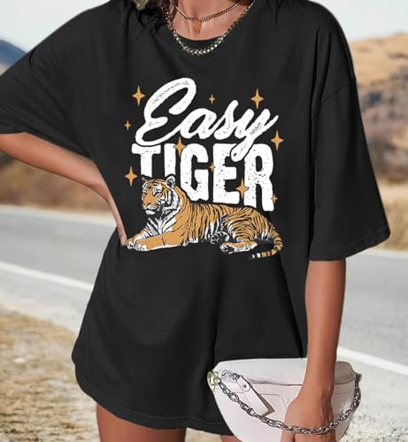Easy Tiger Shirt Women Men Vintage Distressed Tiger Graphic Tee Casual-Chic Short Sleeve Tops2