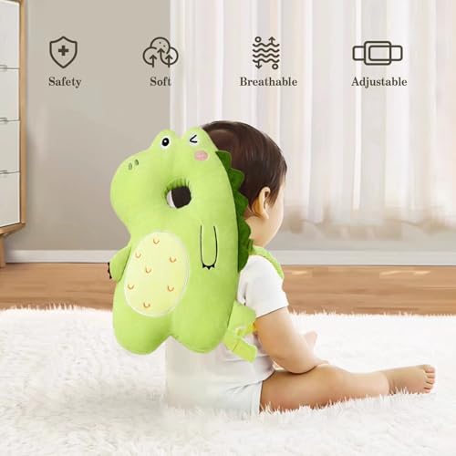 Image of Baby Head Protector Backpack, Toddler Baby Head Protection Backpack with Baby Knee Pads Alarm Function for Walking & Crawling, Soft, Breathable and Wearing Safety Baby Head Protector - Green Dinosaur