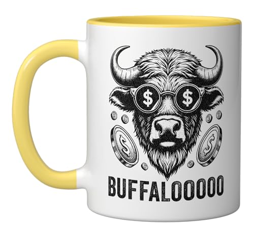 Lucky Buffalo Slot Machine BUFFALOOOOO Gambling Ceramic Mug, Yellow/White