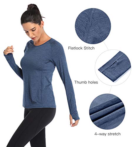 VUTRU Women's Long Sleeves Workout T Shirt Breathable Sports Running Yoga Tops w Thumb Holes Heather Blue