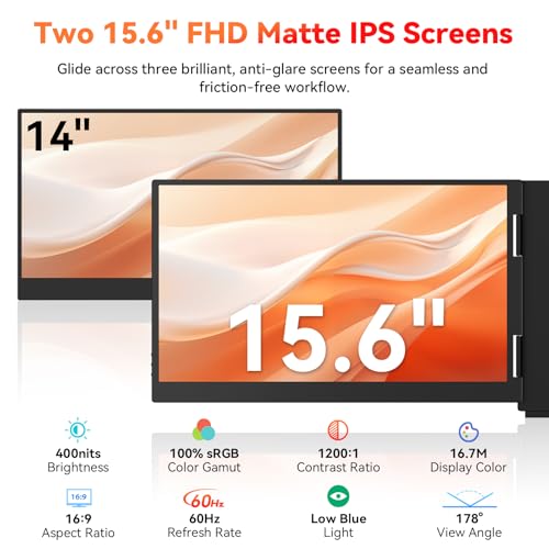 Image of HotYeah Laptop Screen Extender (Windows Only), Dual 15.6 inch 1080P FHD Monitor | One Cable Connection, USB-C Travel Screen for 12 - 17 inch Laptop, Triple Portable Monitor w / Kickstand & 240 Rotation