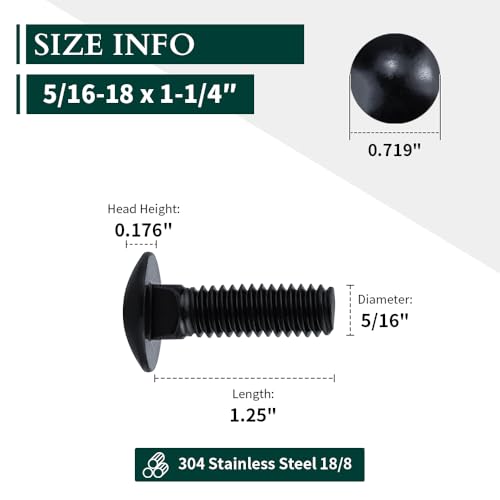 Image of 5 /16-18 x 1-1 /4 inch Black Steel Carriage Bolts, 304 Stainless Steel 18-8, Round Domed Head Square Neck Carriage Bolts Screws, Coarse Thread UNC, 20 PCS