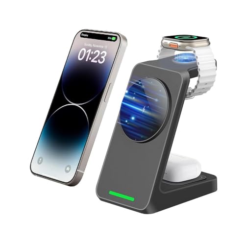 Image of UNIGEN Magtec 330 Wireless Charging 3 in 1 Magsafe Charger for Apple iPhone 17 /16 /16 Plus /16 Pro /16 Pro Max,15 /15 Plus /15 Pro /15 Pro Max,14 /13 /12 Series, AirPods 3rd /2nd, Series 9 /8 /7 /6 /5 /4 /SE-Black