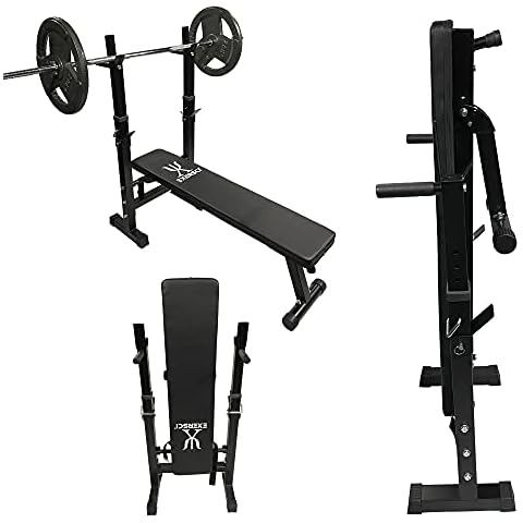 Exersci Compact Foldable Bench with Rack and Dip Bars - Bench press, Incline, Bench Fly, Tricep dips, Home Gym, Fitness, Weight Lifting Cover
