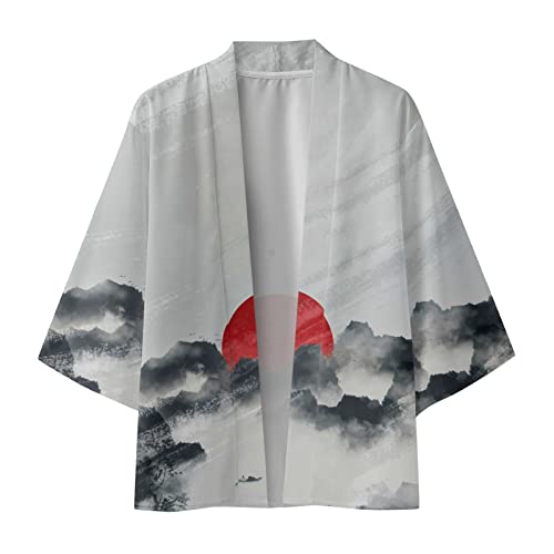 Kimono para hombre Japón Happi Kimono Hanfu Camisas de manga larga Japón Harajuku Anime Robe Anime Ropa Unisex Blusa suelta Verano Tops Túnica, Gris 2, L