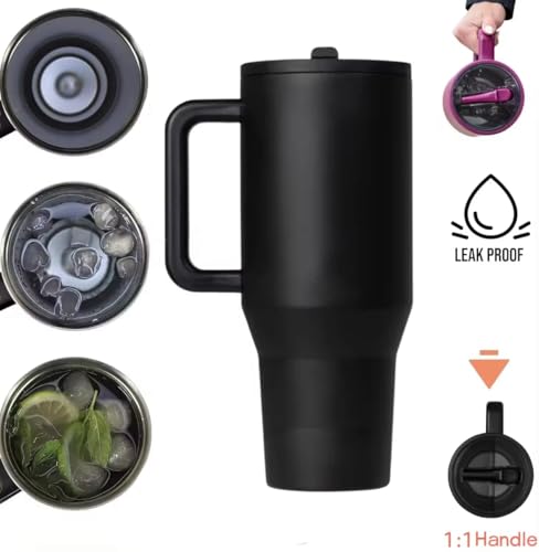 Image of Zephorus Personalized Stainless Steel Tumbler with Handle, 1200ml Capacity, Black Insulated Travel Mug with Straw, Custom Name Design (Black (3rd))