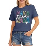 Women's Mother's Day Mama Letter Graphic Short Sleeve Crew Neck T-Shirt(Dark Blue, M)