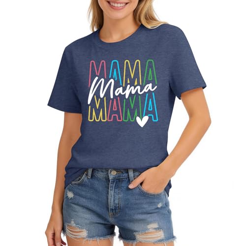 Women's Mother's Day Mama Letter Graphic Short Sleeve Crew Neck T-Shirt(Dark Blue, M)