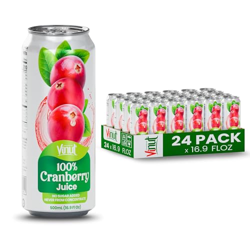 Image of VINUT 100% Cranberry Juice, No Added Sugar, Not From Concentrate, 16.9 fl oz (500 mL) Can, Pack of 24