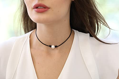Single A Womens Pearl Necklace Cord - Braided June Birthstone Rice Pearl Stone String Leather Necklace Wholesale Simple Diy With Genuine Black Leather Cord Jewelry For Women Teen Girls Mom 16 Inch #TOP3
