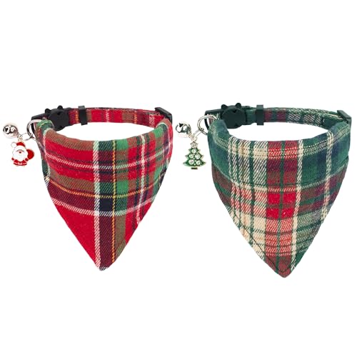 ADOGGYGO Christmas Cat Bandana Collars Breakaway with Removable Bandana Bell, 2 Pack Red Green Plaid Christmas Collar for Cats Kittens