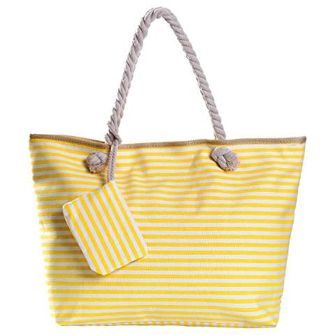DonDon Bolso de playa a rayas blancas amarillas con cremallera y bolsillo extra Cover