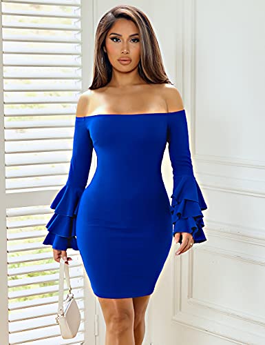 Joukavor Sexy Low Cut Off Shoulder Ruffle Bell Long Sleeve Bodycon Mini Pencil Dress For Curve Women(Royal Blue, Medium) #TOP1