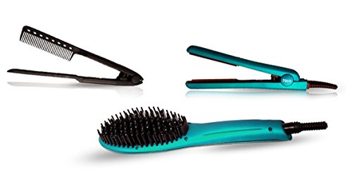 Neo 3 pcs Set - Ionic Heated Brush Straightener, Ceramic Flat Iron and Easy Hair Comb Full Set (Turquoise)