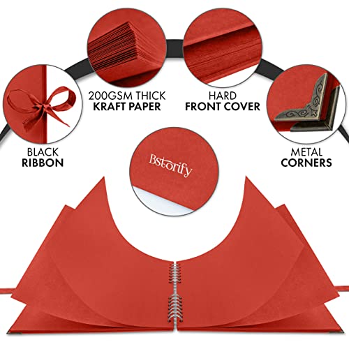 Bstorify 25.4 x 25.4 Cm Scrapbook Album 70 Pages Red Thick Kraft Paper Corner Protectors, Ribbon Closure - Image 3