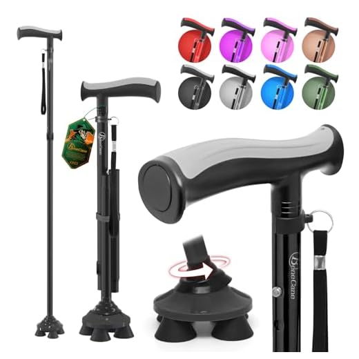 BeneCane Walking Cane for Men & Women Walking Stick for Seniors Folding Canes Quad Cane Adjustable Lightweight Sturdy Free Standing Collapsible Heavy Duty with Soft TPR T-Handle and Travel Bag