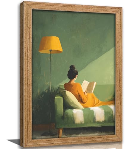 Framed Girl Reading Book Canvas Wall Art, Modern Impressionist Oil Painting Prints, Cozy Reading Nook wall decor, Green Warm Tone Modern Poster Artwork for Living Room Bedroom Library Office,8x10in
