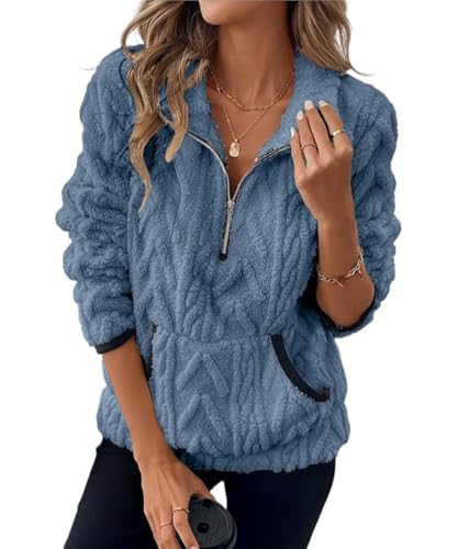 Crsiphee Women's Sherpa Fleece Pullover Half Zip Plush Teddy Fleece Sweatshirt with Pockets Cozy Oversized Winter Outwear for Fall and Winter 2025 Blue M